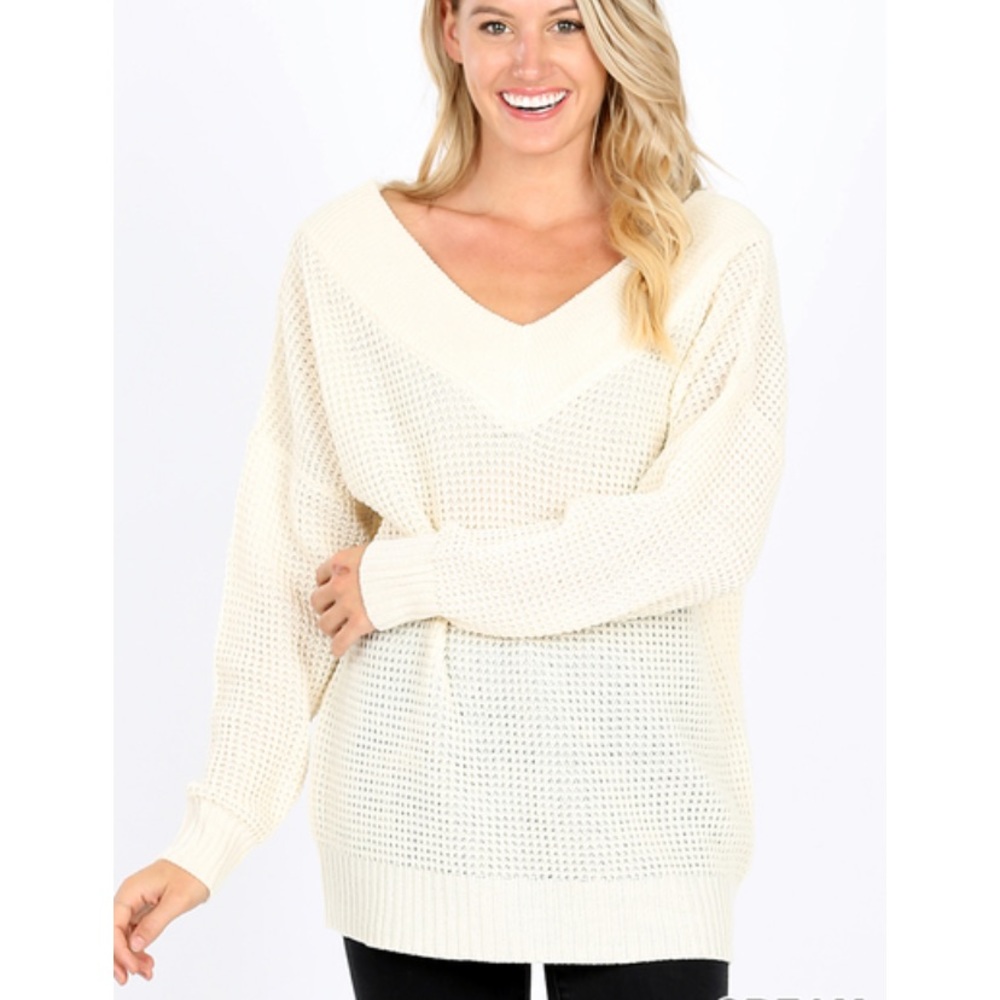 Ivory off white Waffle knit off shoulder V neck long sleeve sweater S M L XL